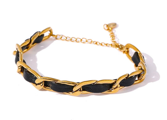 Trendy Leather Chain Bracelet Jewelry Stainless Steel Metal Texture 18 K Statement
