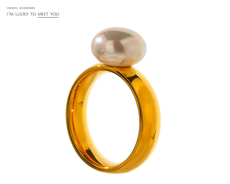 Elegant Shell Pearl Ring Fashion Gold Stainless Steel Metal Texture 18 K Plated Geometric Charm Jewelry Women Engagement