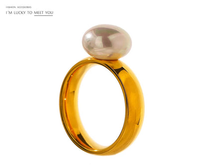 Elegant Shell Pearl Ring Fashion Gold Stainless Steel Metal Texture 18 K Plated Geometric Charm Jewelry Women Engagement