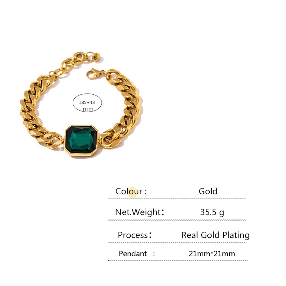 Green Crystal Stainless Steel Gold Bracelets Bangle for Women Hip Hop Thick Chain18 K Plated Punk Fashion Bracelets New
