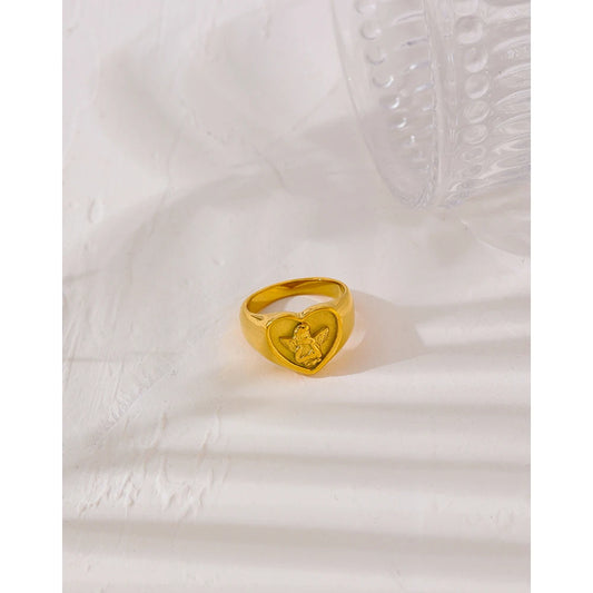 Romantic Heart Stainless Steel Ring Fashion Metal 18 K Plated Waterproof Angel Ring Anniversary Jewelry Gift Bijoux Femme