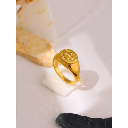 Trendy Round Angel Ring for Women Stainless Steel Waterproof Charm Jewelry Statement Golden Metal Gala Gift Bijoux Ete