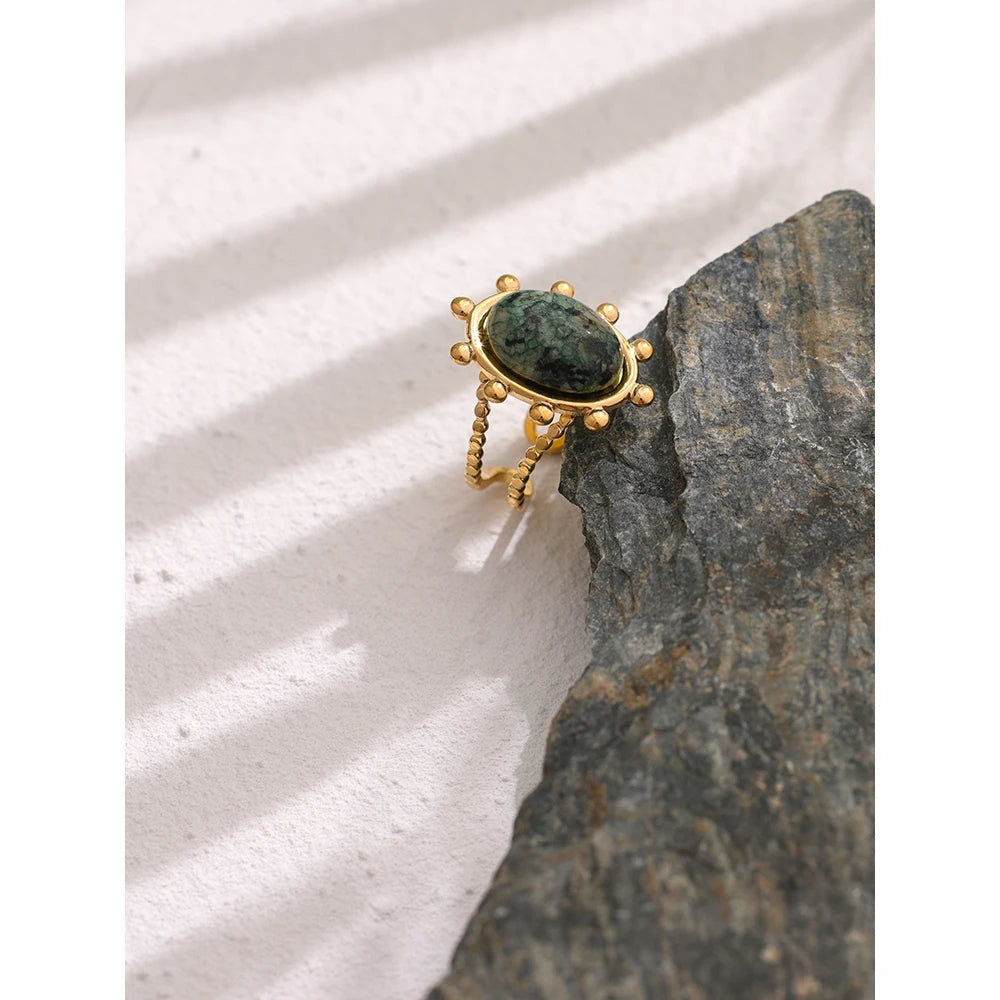 Stainless Steel Green African Turquoise Stone Ring for Women Fashion Ring Waterproof Jewelry Bijoux Femme Party Gift