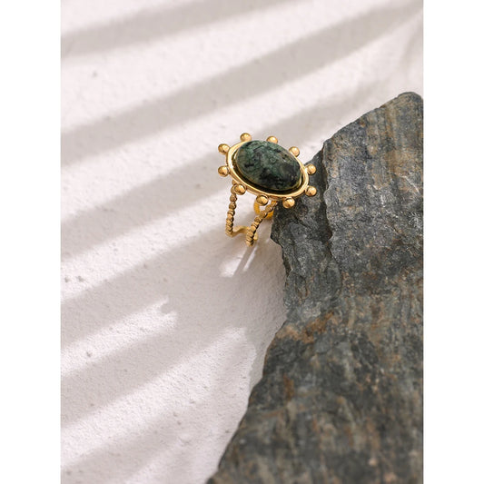 Stainless Steel Green African Turquoise Stone Ring for Women Fashion Ring Waterproof Jewelry Bijoux Femme Party Gift