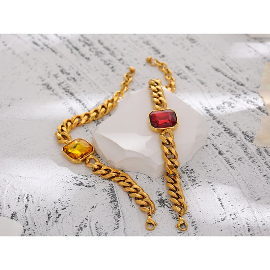 Stainless Steel Red Cubic Zirconia Chain Bangle Bracelet for Women Heavy Metal Golden 18 K Bracelet Bijoux Femme Gift