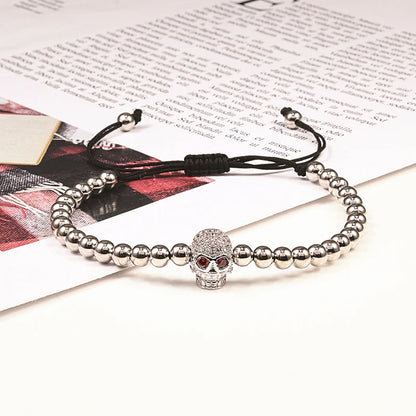 Charm Skull Head Copper Beads Bracelets Handmade Pave CZ Skeleton Crystal Adjustable Bracelet Punk Wrist Jewelry for Women Men