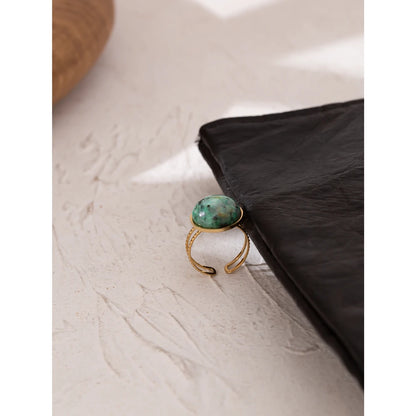 Temperament Green Natural Stone Opening Rings for Women Stainless Steel Punk Jewelry Statement Metal Ring Anillos Mujer