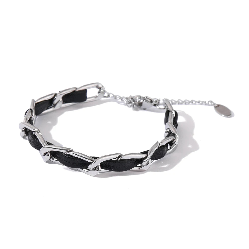 Trendy Leather Chain Bracelet Jewelry Stainless Steel Metal Texture 18 K Statement