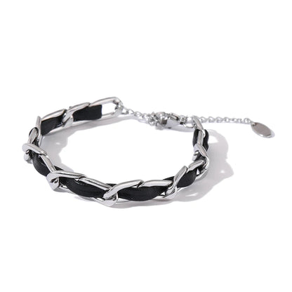 Trendy Leather Chain Bracelet Jewelry Stainless Steel Metal Texture 18 K Statement