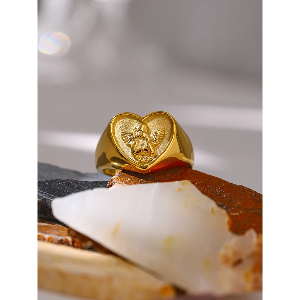 Romantic Heart Stainless Steel Ring Fashion Metal 18 K Plated Waterproof Angel Ring Anniversary Jewelry Gift Bijoux Femme