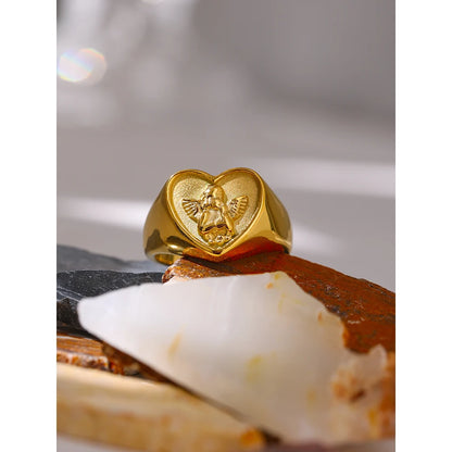 Romantic Heart Stainless Steel Ring Fashion Metal 18 K Plated Waterproof Angel Ring Anniversary Jewelry Gift Bijoux Femme