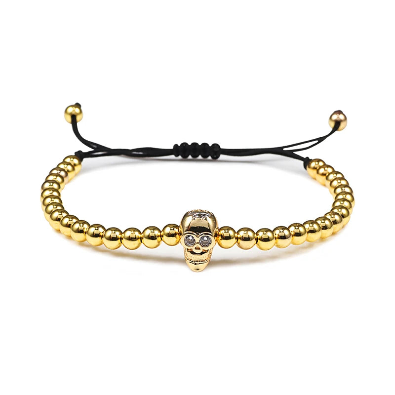 Charm Skull Head Copper Beads Bracelets Handmade Pave CZ Skeleton Crystal Adjustable Bracelet Punk Wrist Jewelry for Women Men