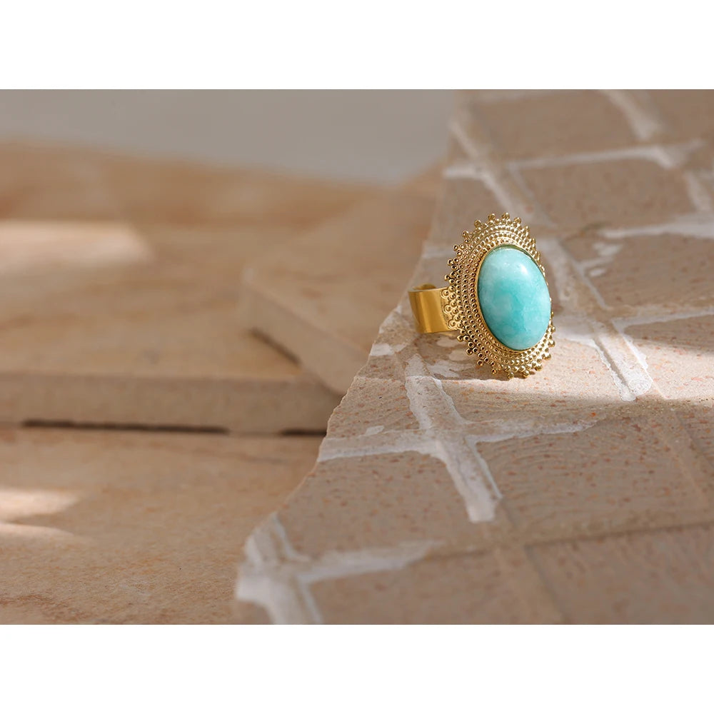 Stainless Steel Stone Rings Charm Metal Statement Jewelry Gold Color Geometric Opening Women Bagues Pour Femme Waterproof
