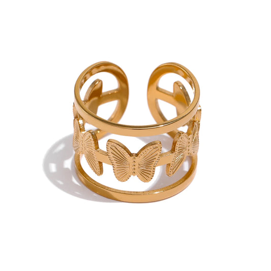 316L Stainless Steel Butterfly Opening Ring Stylish Golden Insect Waterproof Jewelry Women Bague Acier Inoxydable Gift
