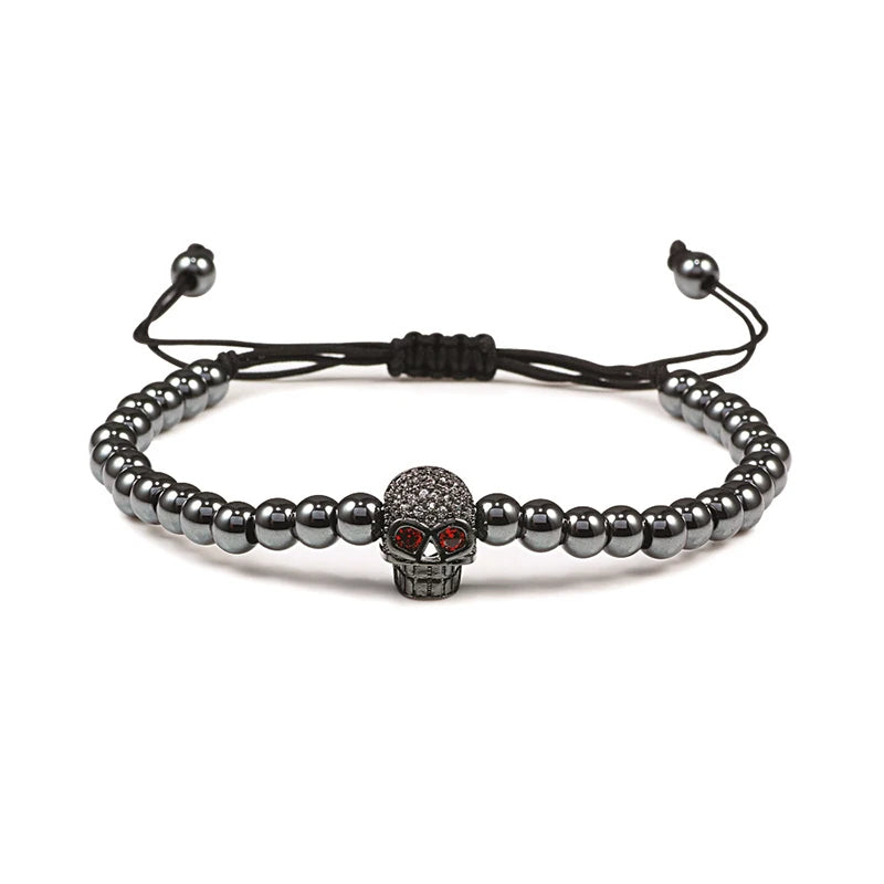 Charm Skull Head Copper Beads Bracelets Handmade Pave CZ Skeleton Crystal Adjustable Bracelet Punk Wrist Jewelry for Women Men