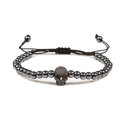Charm Skull Head Copper Beads Bracelets Handmade Pave CZ Skeleton Crystal Adjustable Bracelet Punk Wrist Jewelry for Women Men