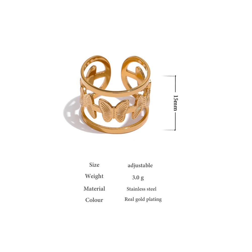 316L Stainless Steel Butterfly Opening Ring Stylish Golden Insect Waterproof Jewelry Women Bague Acier Inoxydable Gift