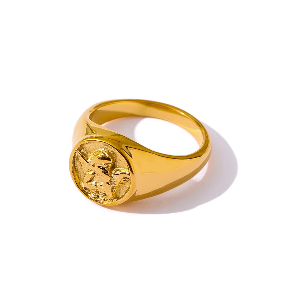 Trendy Round Angel Ring for Women Stainless Steel Waterproof Charm Jewelry Statement Golden Metal Gala Gift Bijoux Ete