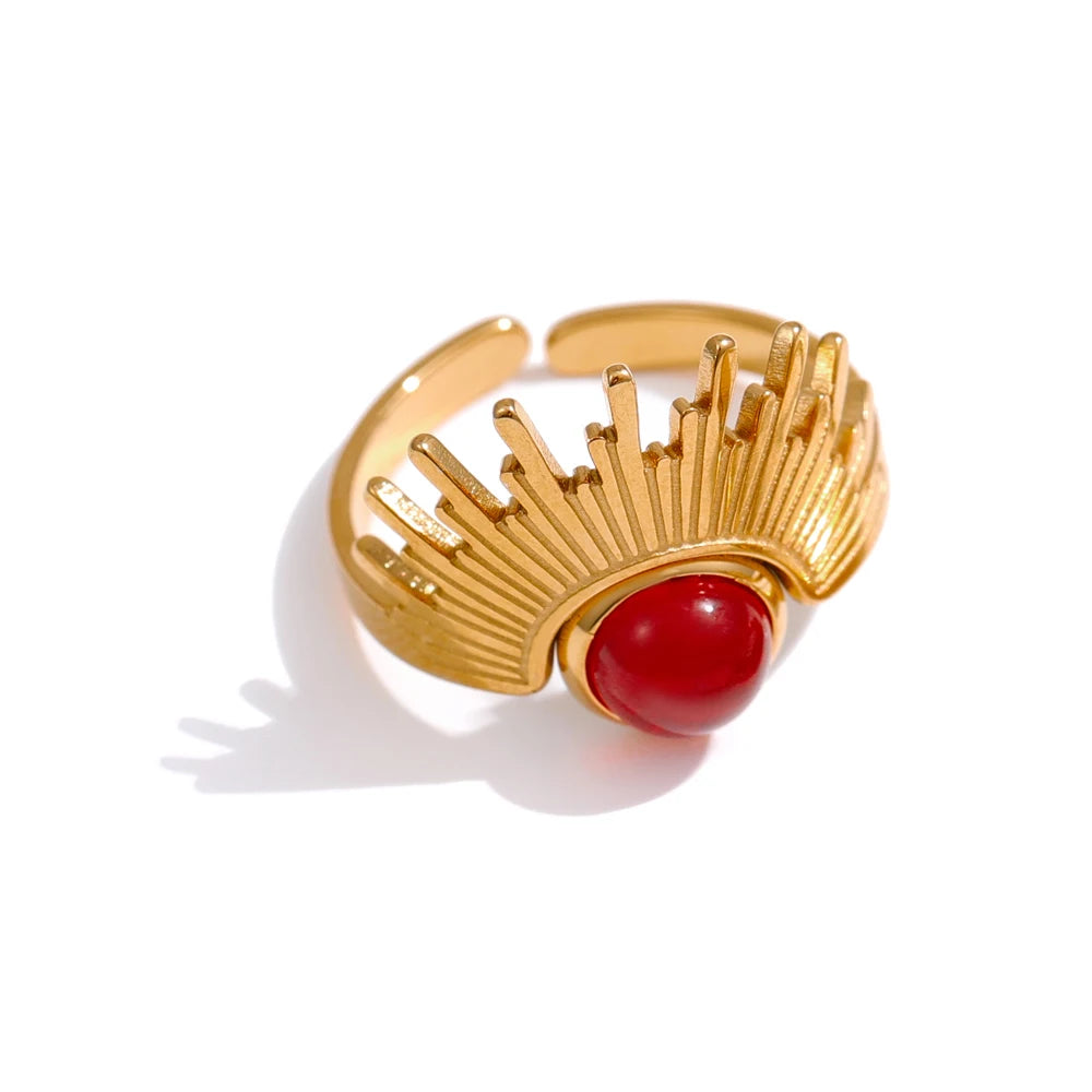 Stainless Steel Red Natural Stone Ring Trendy Metal 18 K Opening Finger French Ring for Women Anillos Mujer Party Gift