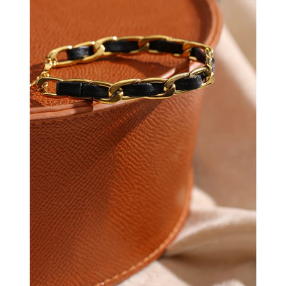 Trendy Leather Chain Bracelet Jewelry Stainless Steel Metal Texture 18 K Statement