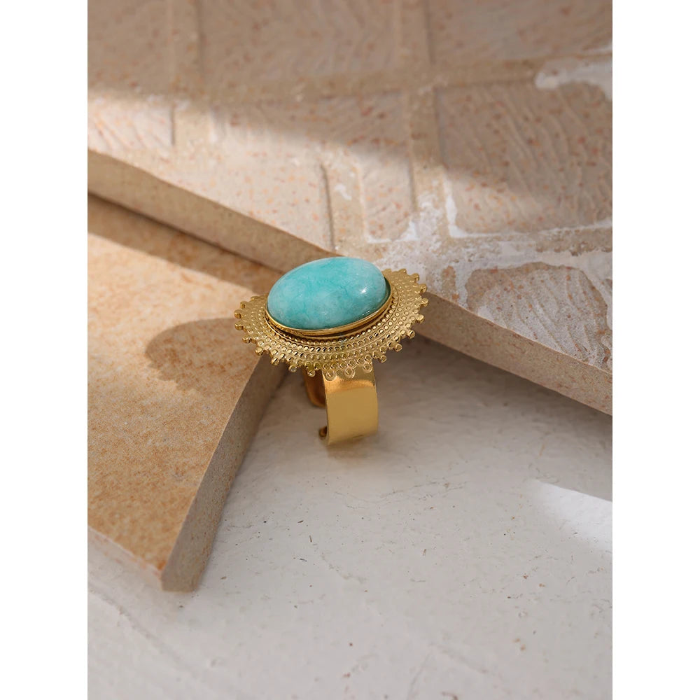 Stainless Steel Stone Rings Charm Metal Statement Jewelry Gold Color Geometric Opening Women Bagues Pour Femme Waterproof