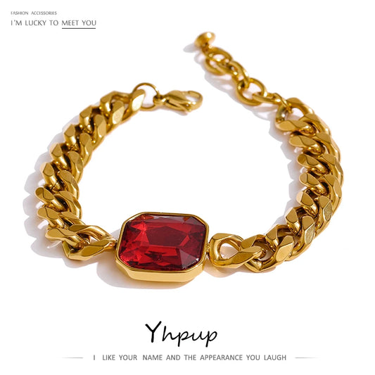 Stainless Steel Red Cubic Zirconia Chain Bangle Bracelet for Women Heavy Metal Golden 18 K Bracelet Bijoux Femme Gift