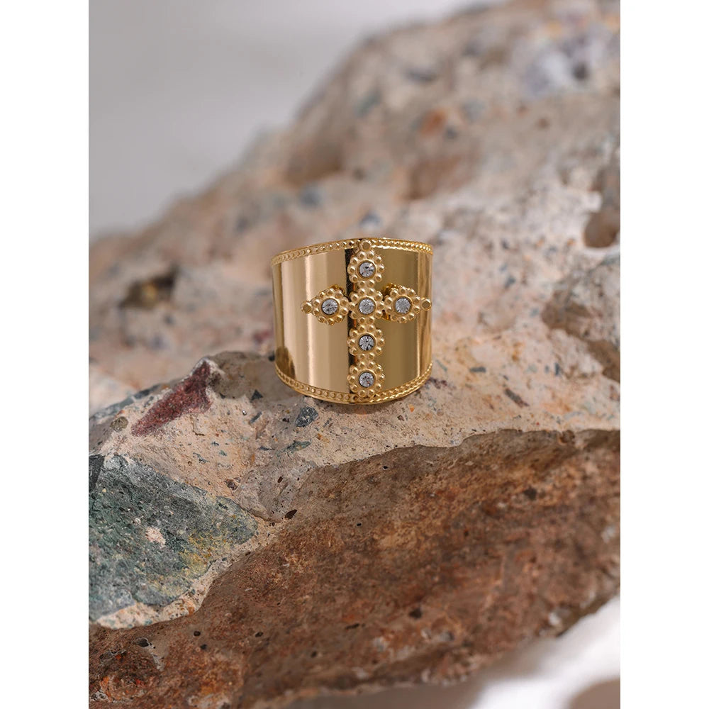 Cubic Zirconia Cross Ring Stainless Steel Jewelry Trendy Women 18 K PVD Plated Finger Ring bague acier inoxydable Gift