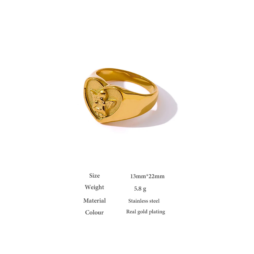 Romantic Heart Stainless Steel Ring Fashion Metal 18 K Plated Waterproof Angel Ring Anniversary Jewelry Gift Bijoux Femme