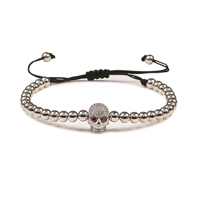 Charm Skull Head Copper Beads Bracelets Handmade Pave CZ Skeleton Crystal Adjustable Bracelet Punk Wrist Jewelry for Women Men