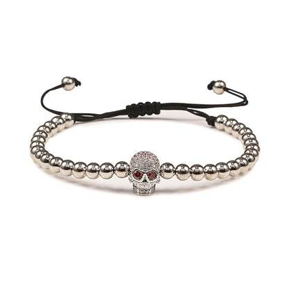 Charm Skull Head Copper Beads Bracelets Handmade Pave CZ Skeleton Crystal Adjustable Bracelet Punk Wrist Jewelry for Women Men