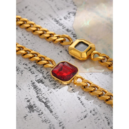 Stainless Steel Red Cubic Zirconia Chain Bangle Bracelet for Women Heavy Metal Golden 18 K Bracelet Bijoux Femme Gift