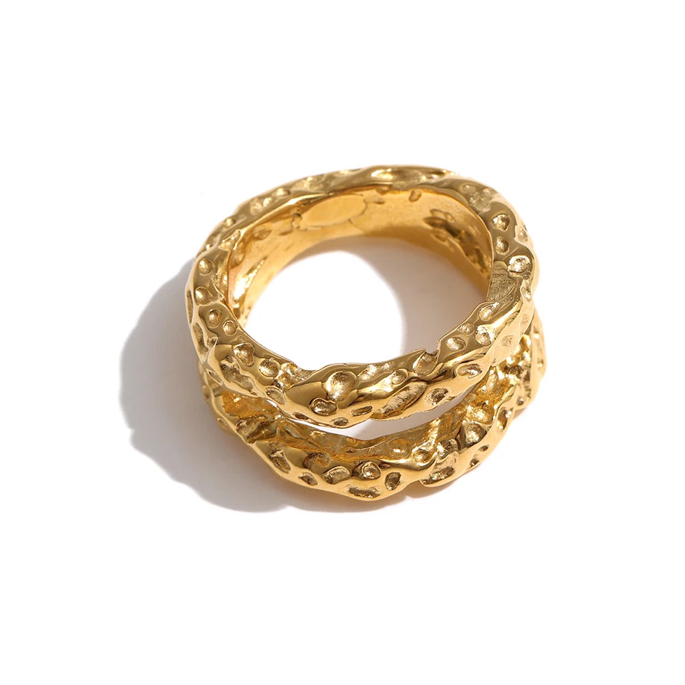 Stainless Steel Round Rings For Women Gold Texture Metal 18 K Plated Statement Trendy Jewelry Bagues Pour Femme Gift
