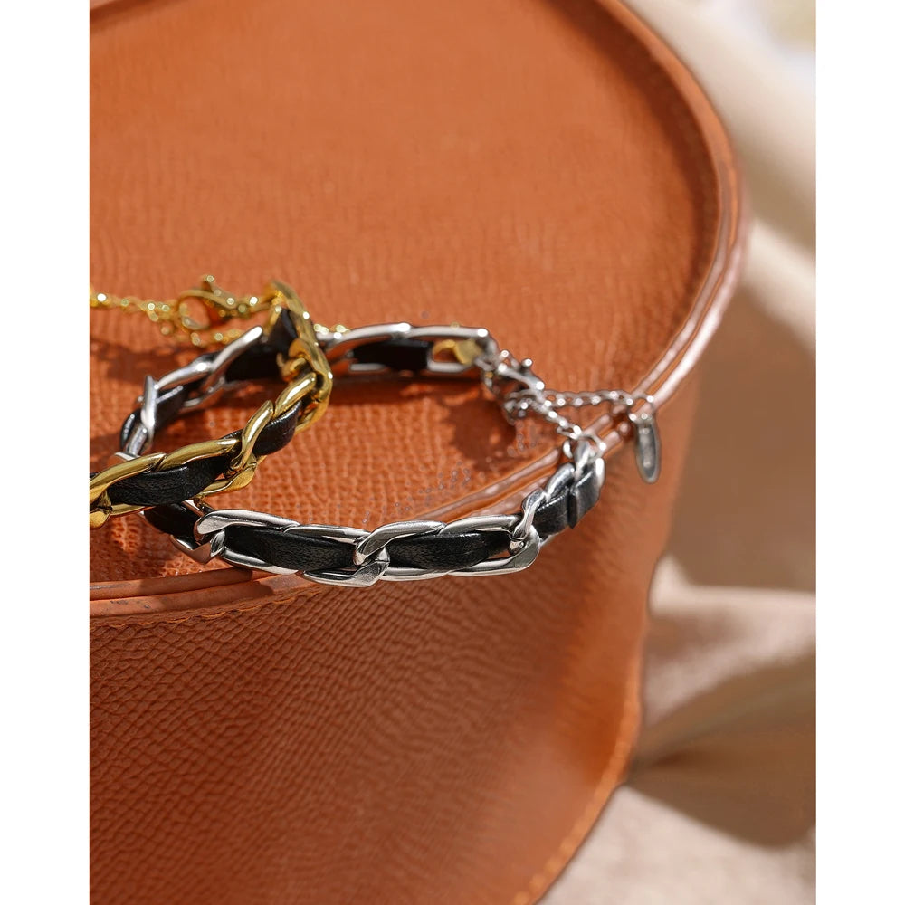 Trendy Leather Chain Bracelet Jewelry Stainless Steel Metal Texture 18 K Statement