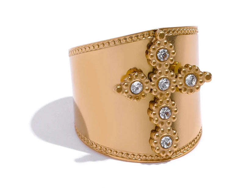 Cubic Zirconia Cross Ring Stainless Steel Jewelry Trendy Women 18 K PVD Plated Finger Ring bague acier inoxydable Gift