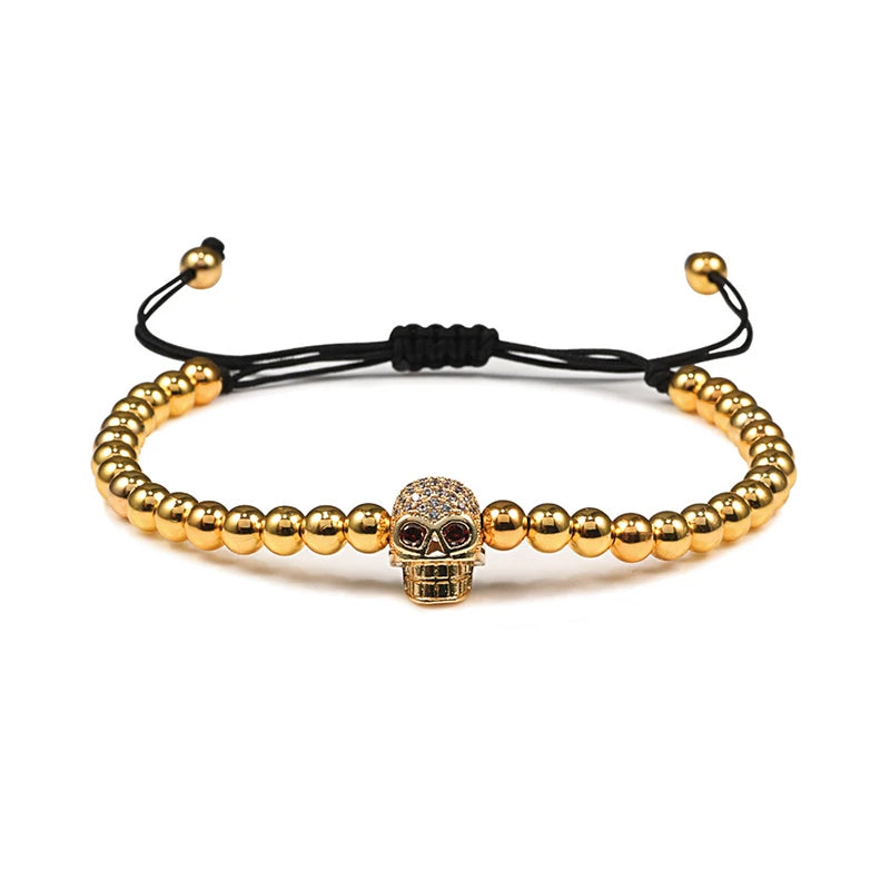 Charm Skull Head Copper Beads Bracelets Handmade Pave CZ Skeleton Crystal Adjustable Bracelet Punk Wrist Jewelry for Women Men