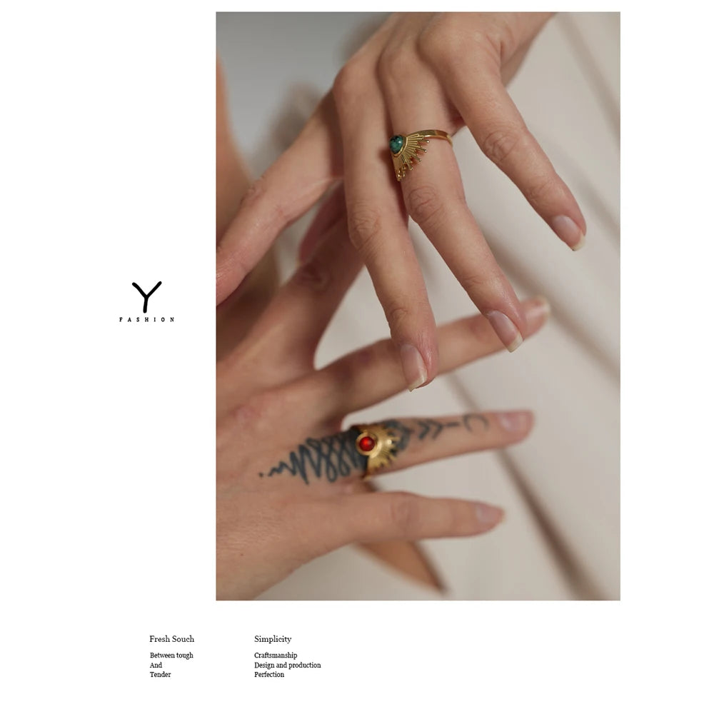 Stainless Steel Red Natural Stone Ring Trendy Metal 18 K Opening Finger French Ring for Women Anillos Mujer Party Gift
