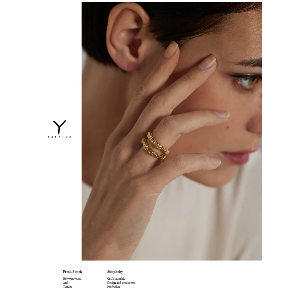 Stainless Steel Round Rings For Women Gold Texture Metal 18 K Plated Statement Trendy Jewelry Bagues Pour Femme Gift