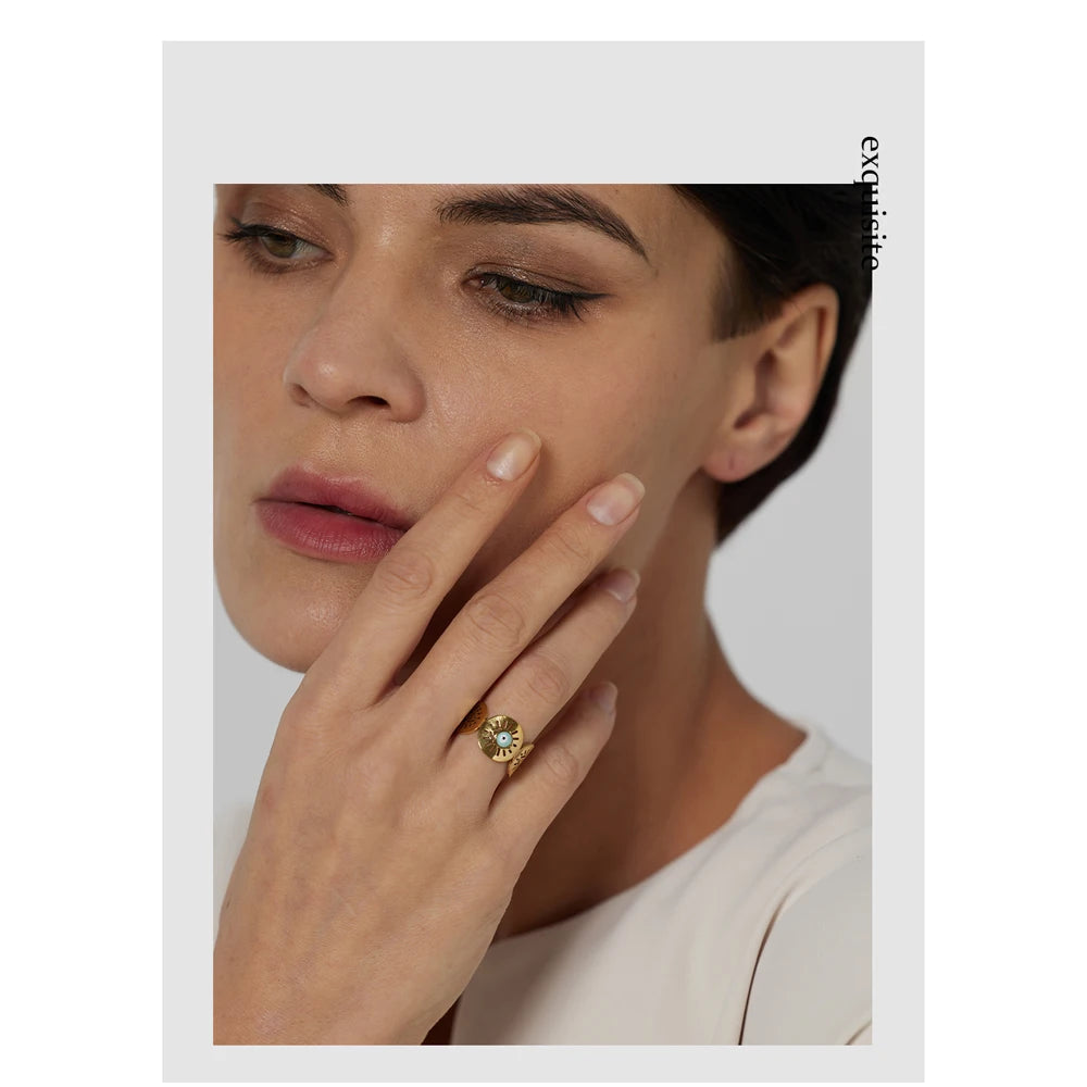 Stainless Steel Eye Bead Opening Ring for Women New Design Golden Statement Charm Jewelry Anillos Mujer Bijoux Femme Gift