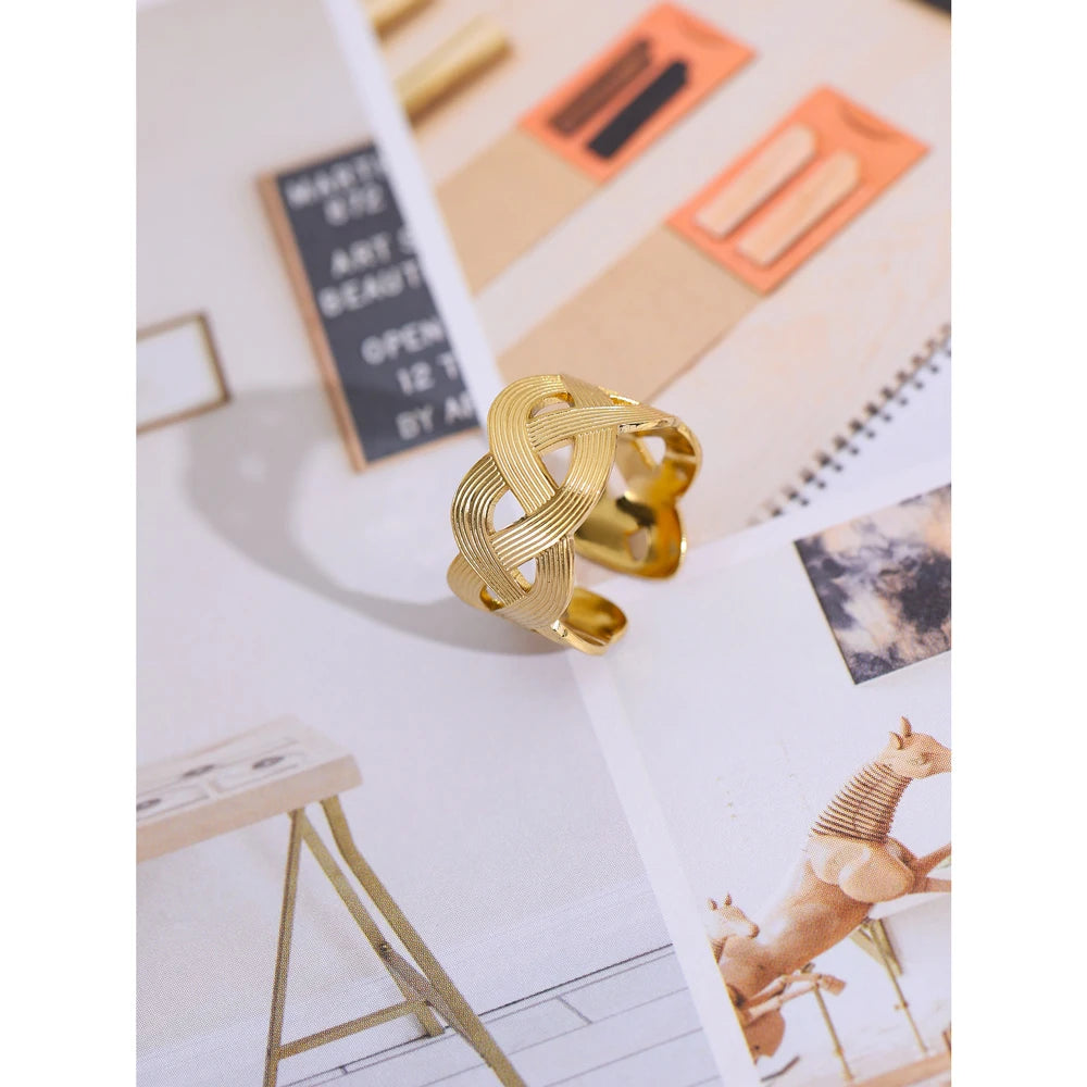 Statement Handmade Weave Stainless Steel Ring for Women Fashion Metal Texture Opening Summer Finger Chic Jewelry Gift