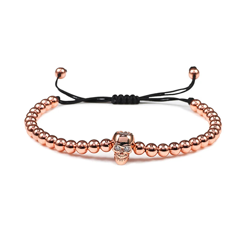 Charm Skull Head Copper Beads Bracelets Handmade Pave CZ Skeleton Crystal Adjustable Bracelet Punk Wrist Jewelry for Women Men