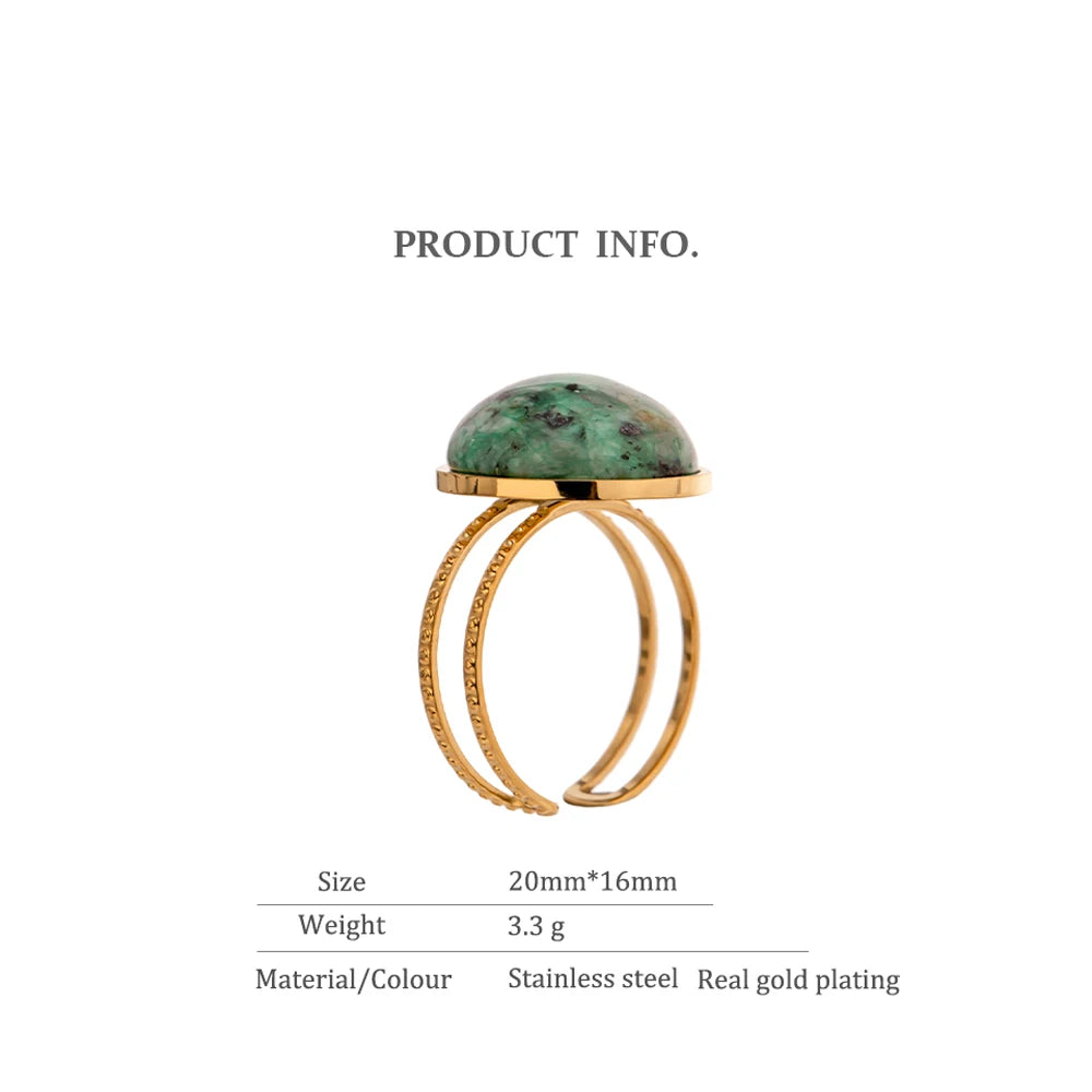Temperament Green Natural Stone Opening Rings for Women Stainless Steel Punk Jewelry Statement Metal Ring Anillos Mujer