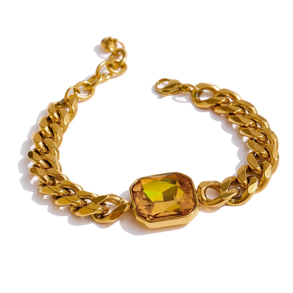 Green Crystal Stainless Steel Gold Bracelets Bangle for Women Hip Hop Thick Chain18 K Plated Punk Fashion Bracelets New