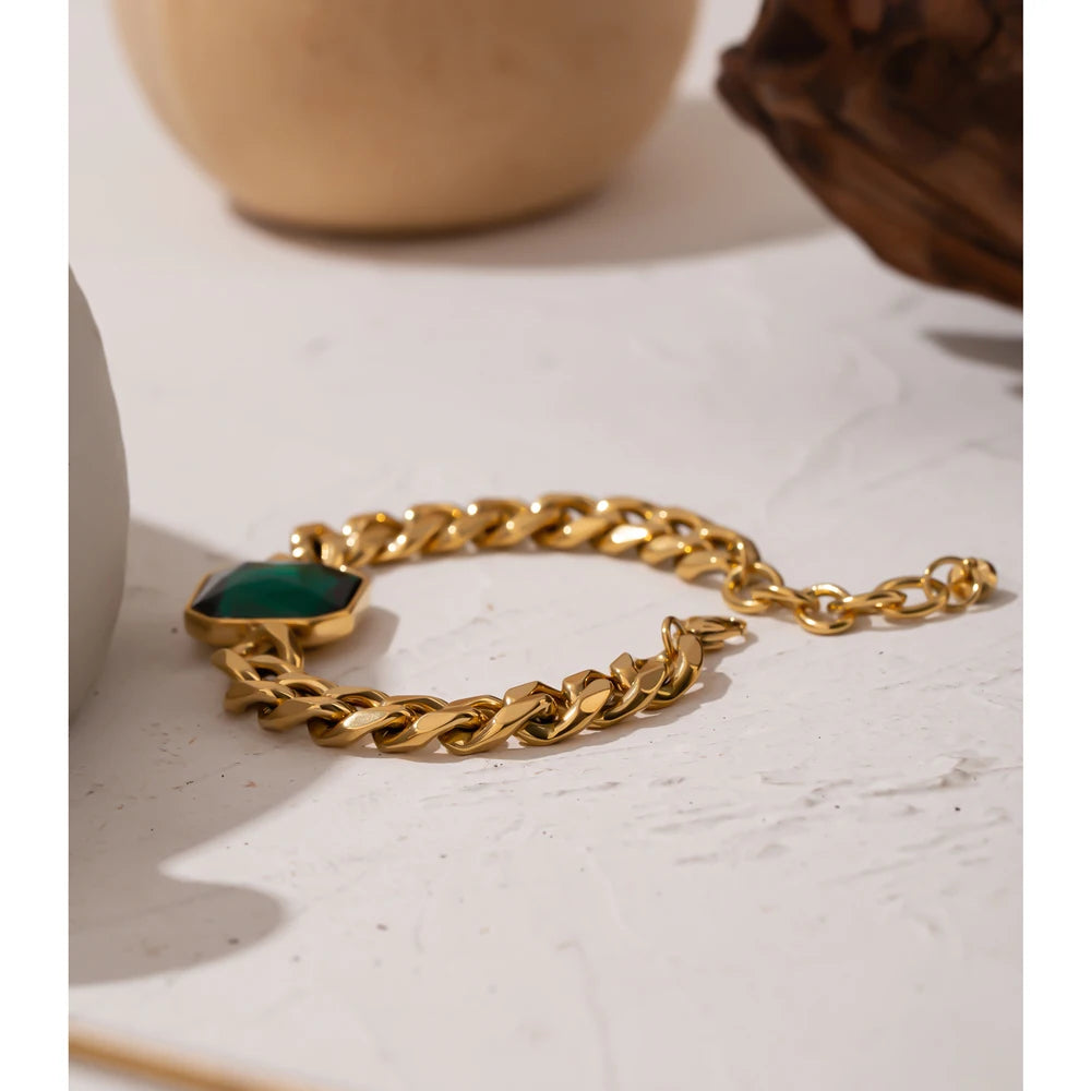 Green Crystal Stainless Steel Gold Bracelets Bangle for Women Hip Hop Thick Chain18 K Plated Punk Fashion Bracelets New