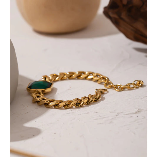 Green Crystal Stainless Steel Gold Bracelets Bangle for Women Hip Hop Thick Chain18 K Plated Punk Fashion Bracelets New