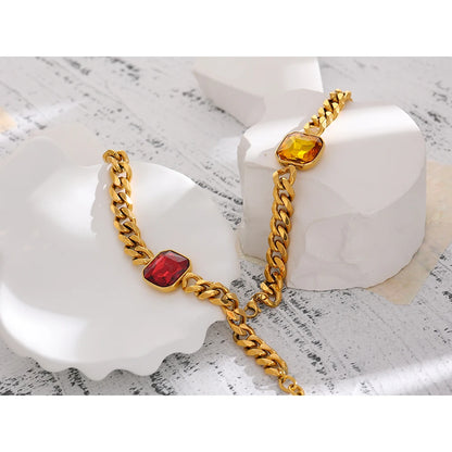Stainless Steel Red Cubic Zirconia Chain Bangle Bracelet for Women Heavy Metal Golden 18 K Bracelet Bijoux Femme Gift