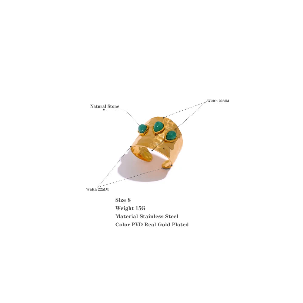 Green Natural Stone Stainless Steel 18k Gold Plated Metal Fashion Wide Ring Charm Texture Waterproof Jewelry for Women