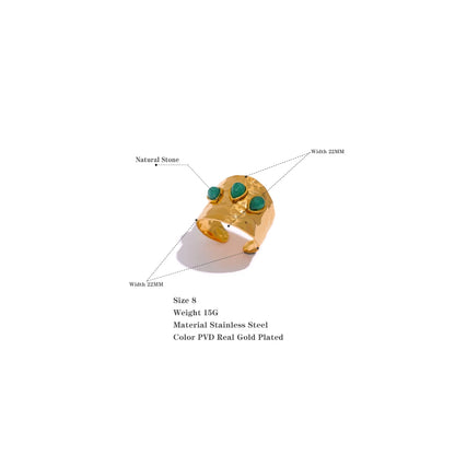 Green Natural Stone Stainless Steel 18k Gold Plated Metal Fashion Wide Ring Charm Texture Waterproof Jewelry for Women