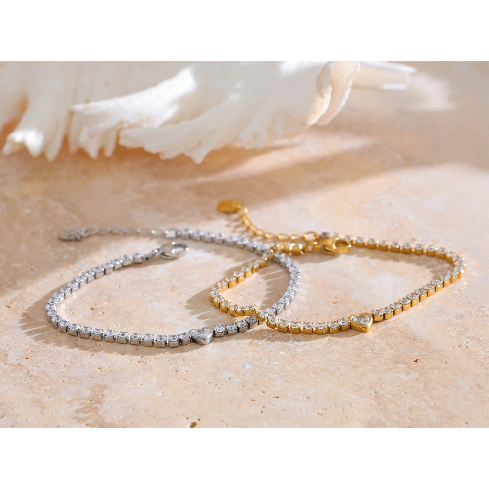 Delicate Bling Cubic Zirconia Heart Chain Bracelet Bangle Exquisite Stainless Steel Shiny Waterproof Wrist Jewelry Gift