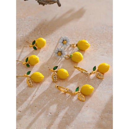 Fashion Yellow Resin Zirconia Fruit Lemon Dangle Earrings for Women Stainless Steel Arrivals Chic Jewelry Wholesale
