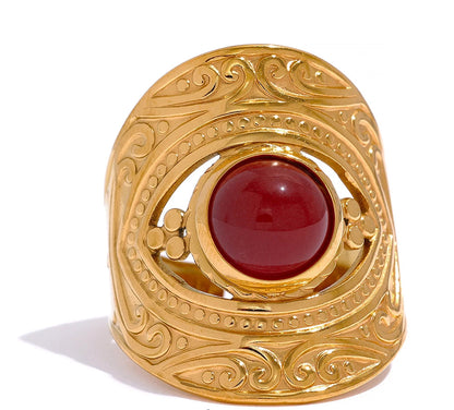 Vintage Red Blue Natural Stone Stainless Steel Open Ring Fashion Trendy Jewelry for Women